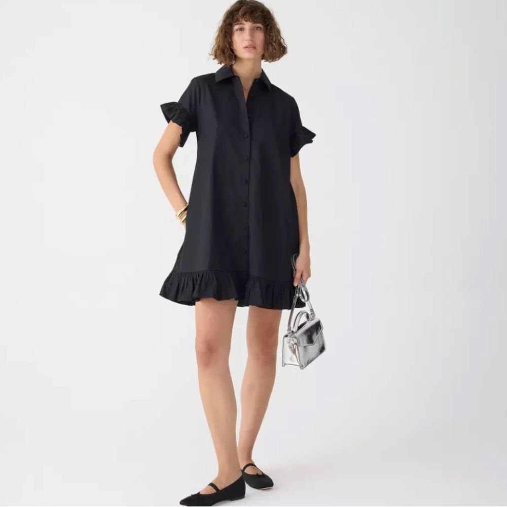 J Crew Womens XS Black Ruffle Hem Shirt Dress Swift Poplin